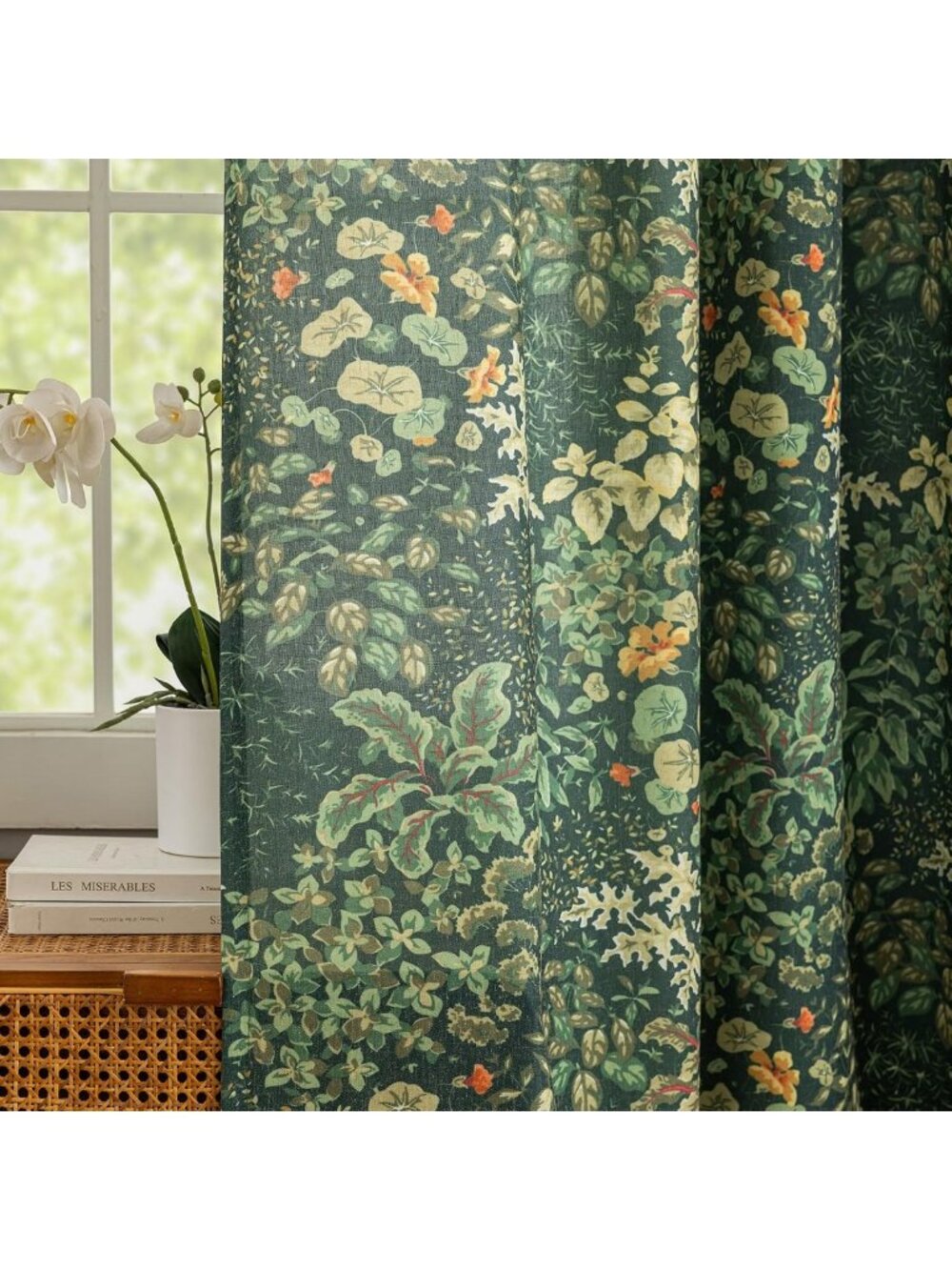 Vintage Green Floral Curtains - 84" Semi-Sheer Grommet Drapes, Cottagecore